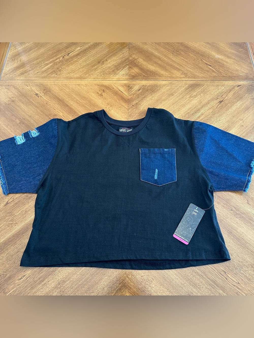 Distressed Denim Mix Media Short Sleeve Tee Shirt with Pocket, Plus Size 2X